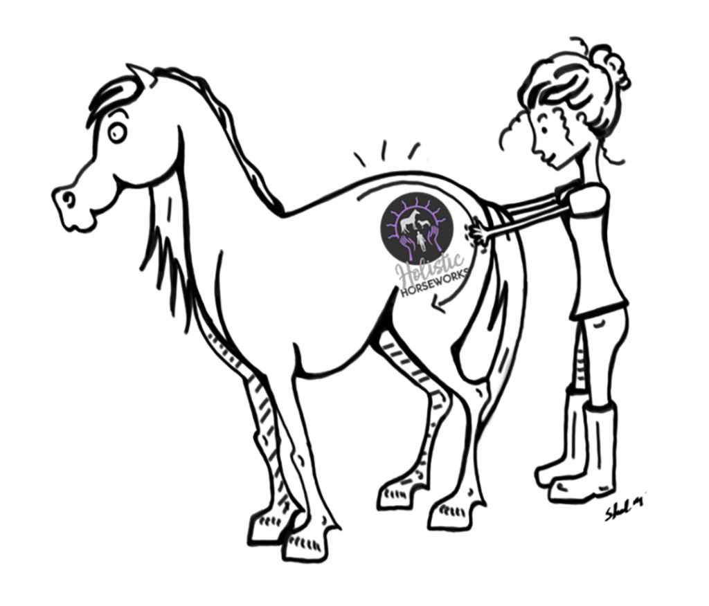 illustration of girl pushing on horse's hindquarters